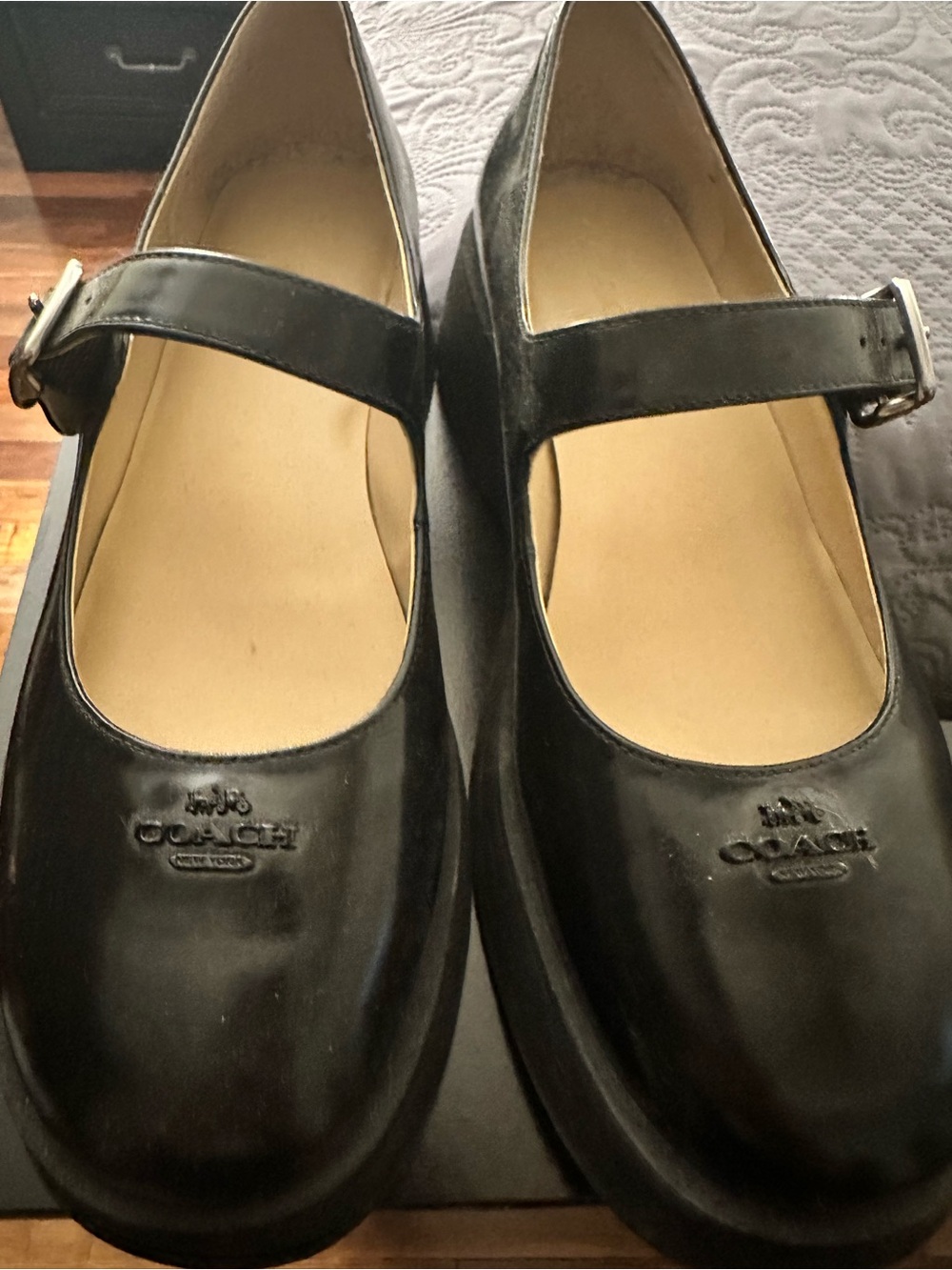 Coach Black Leather Mary Jane Flats with Buckle Strap
